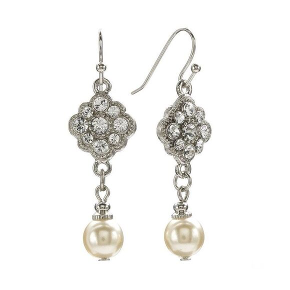 1928 Elegant Silver and Pearl Drop Earrings - Picture 1 of 3